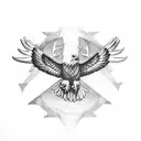 eagle with wings spread from a 45 degree angel above. I want little hatching and precise lines. tattoo design idea