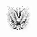 eagle with wings spread from a 45 degree angel above. I want little hatching and precise lines. tattoo design idea