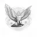 eagle with wings spread from a 45 degree angel above. I want little hatching and precise lines. tattoo design idea