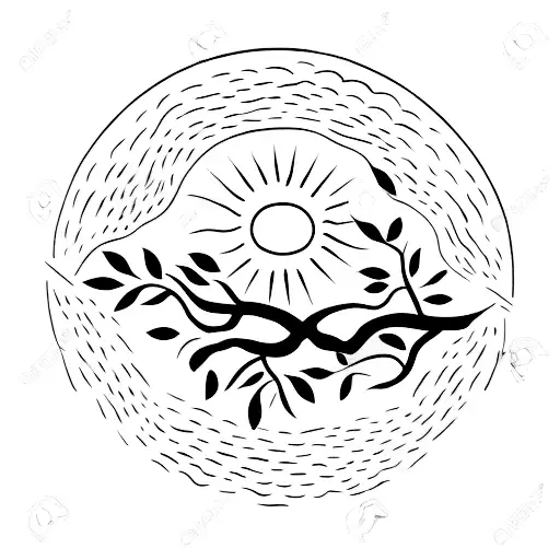 A minimalist tattoo of a walnut tree with the sun shining through its branches tattoo design idea