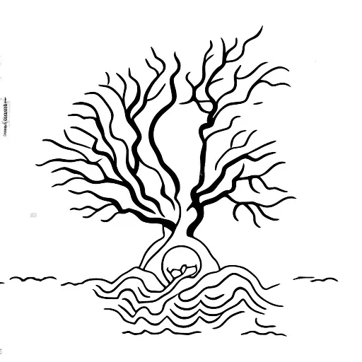 A minimalist tattoo of a walnut tree with the sun shining through its branches and a man resting at its feet tattoo design idea