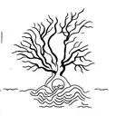 A minimalist tattoo of a walnut tree with the sun shining through its branches and a man resting at its feet tattoo design idea