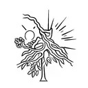 A minimalist tattoo of a walnut tree with the sun shining through its branches and a man resting at its feet tattoo design idea