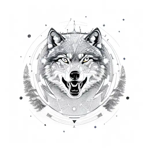 An intricate constellation of stars forming the shape of a wolf howling at the moon tattoo design idea