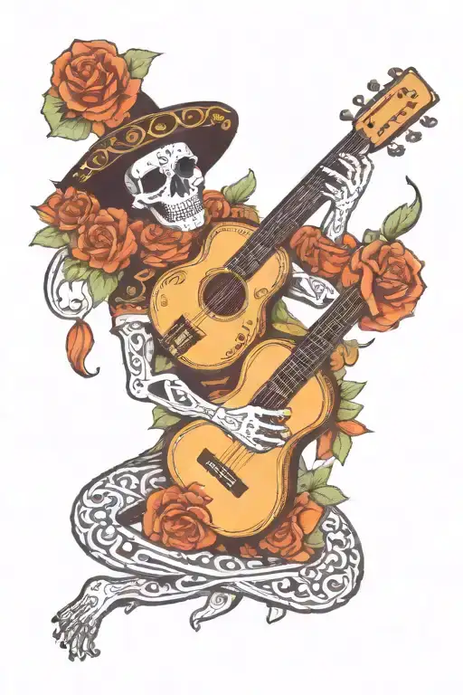 mariachi band guitar playing flamenco day of the dead tattoo design idea