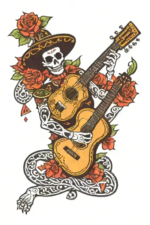 mariachi band guitar playing flamenco day of the dead tattoo design idea