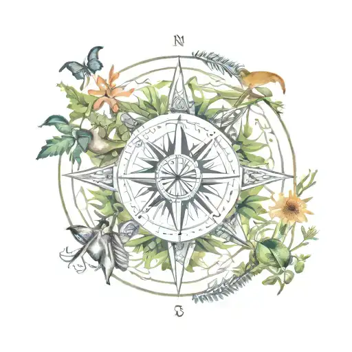 An intricate design of a compass rose surrounded by native Australian animals and plants, symbolizing the explorer's spirit and love for the Australian wilderness tattoo design idea