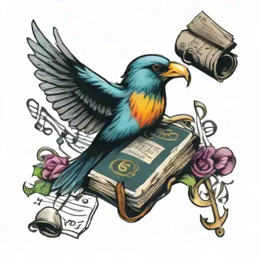 flying bird holding a medicine book surrounded by musical notes tattoo design idea