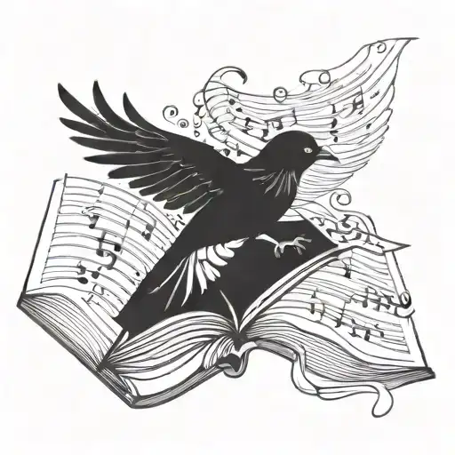 flying bird holding a medicine book surrounded by musical notes tattoo design idea