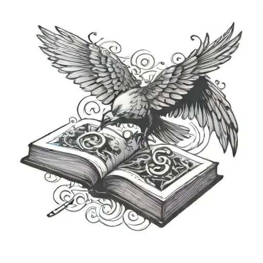 flying bird holding a medicine book surrounded by musical notes tattoo design idea
