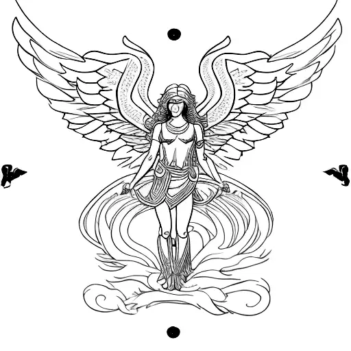 Archangel michael, big wings, wavy hair, symmetrical tattoo design idea
