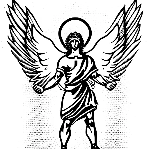 Archangel Michael in victorious pose, sword in hand tattoo design idea