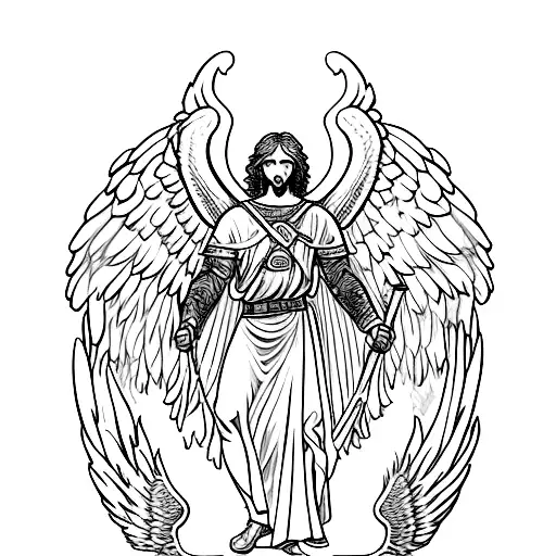 Archangel michael, big wings, wavy hair, symmetrical, sword in hand tattoo design idea