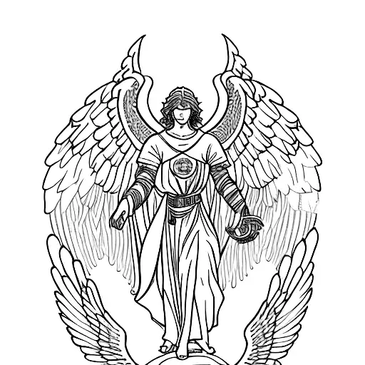 Archangel michael, big wings, wavy hair, symmetrical, halo tattoo design idea