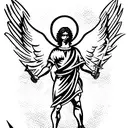 Archangel Michael in victorious pose, sword in hand tattoo design idea