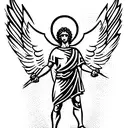 Archangel Michael in victorious pose, sword in hand tattoo design idea