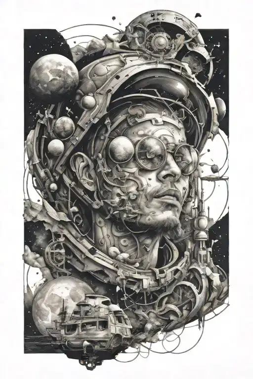 A cosmic traveler exploring different dimensions, symbolizing the journey of self-discovery tattoo design idea