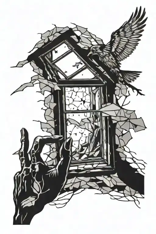 window on the bottom, a open hand breaking the window from the ground, glas parts flying away,  tattoo design idea