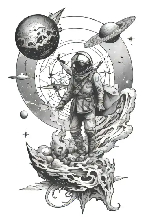 A cosmic traveler exploring different dimensions, symbolizing the journey of self-discovery tattoo design idea