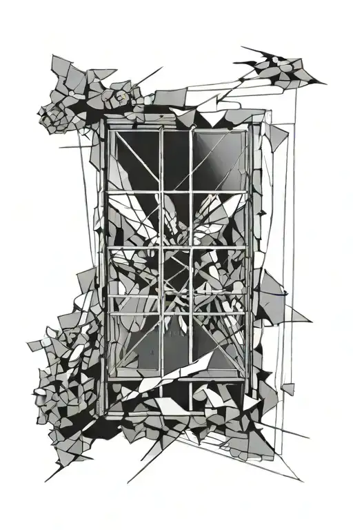 window on the bottom, a open hand breaking the window from the ground, glas parts flying away,  tattoo design idea