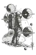 A cosmic traveler exploring different dimensions, symbolizing the journey of self-discovery tattoo design idea