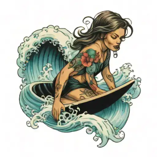 childs tears turning into waves a woman surfing wave tattoo design idea
