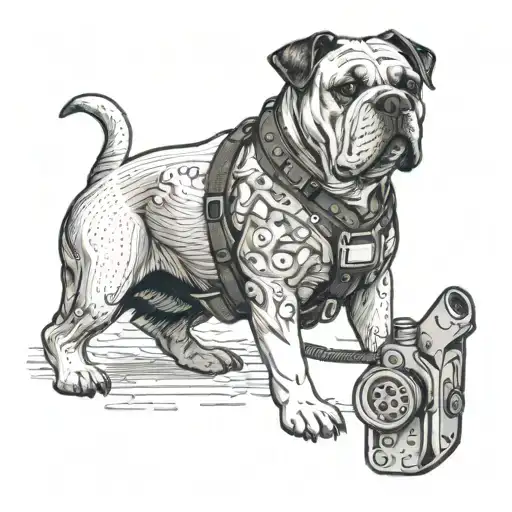 An American Bulldog wearing a plumber's tool belt, incorporating elements of dotwork for texture tattoo design idea