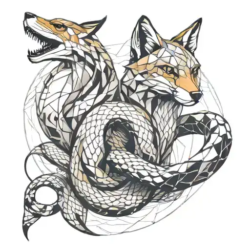 A sketch of a snake and a fox in a dynamic and energetic pose, reflecting the client's passion for these animals tattoo design idea