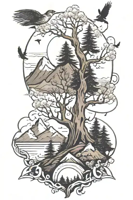 mountains, trees, birds, song quote, numbers tattoo design idea