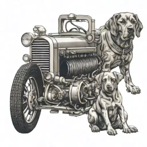 An intricate tattoo design of a mechanic working on a classic car engine, with a loyal dog by his side, representing the client's passion for cars and dogs tattoo design idea