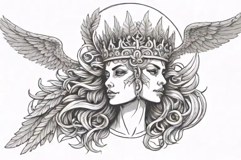 full face of a Valkyrie with a crown on her head, wings and laurel wreaths tattoo design idea