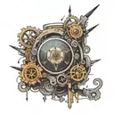 broken volume dial busted up past level 10 with springs poking out and broken pieces tattoo design idea