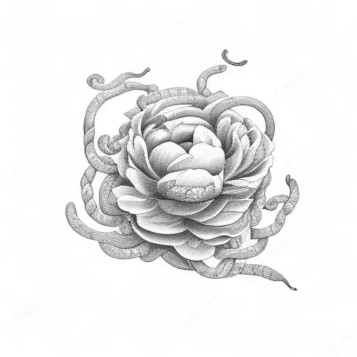 black mamba snake coiled around 3 peonies tattoo design idea