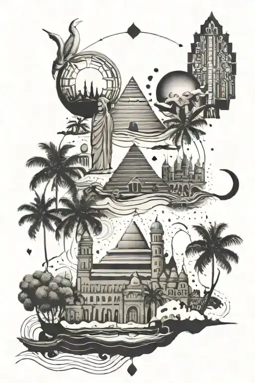 A minimalist blackwork tattoo featuring iconic landmarks from Egypt, Dubai, Sri Lanka, India, Vietnam, Cambodia, Thailand, Malaysia, Singapore, Philippines, Indonesia, and Australia, all intricately connected in a cohesive design tattoo design idea