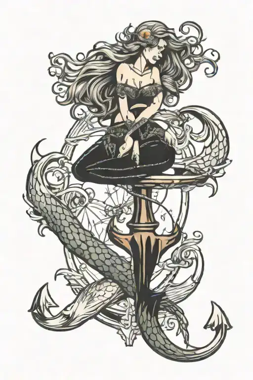 topples mystical mermaid over a ships anchor  tattoo design idea