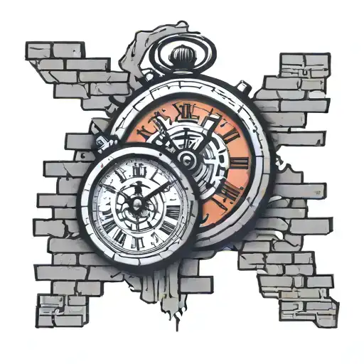 Clock with no hands smashing through brick wall  tattoo design idea