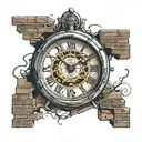 Clock with no hands smashing through brick wall  tattoo design idea