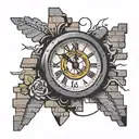 Clock with no hands smashing through brick wall  tattoo design idea
