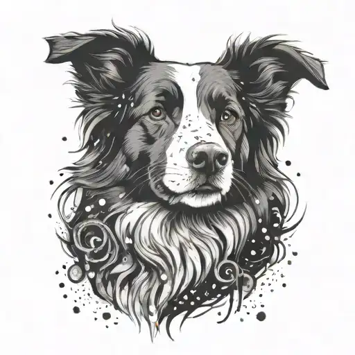 Create a tattoo design that fuses the image of a Border Collie with symbols of programming languages like TypeScript in a modern and abstract style tattoo design idea