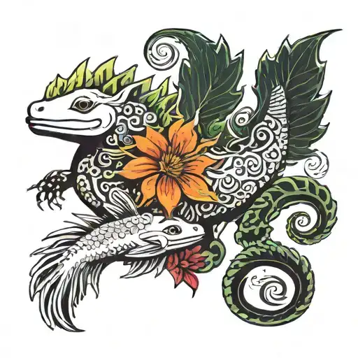 Two albino axolotls, one with Quetzalcoatl motifs and the other with Tlaloc motifs, among typical Mexican ornaments tattoo design idea