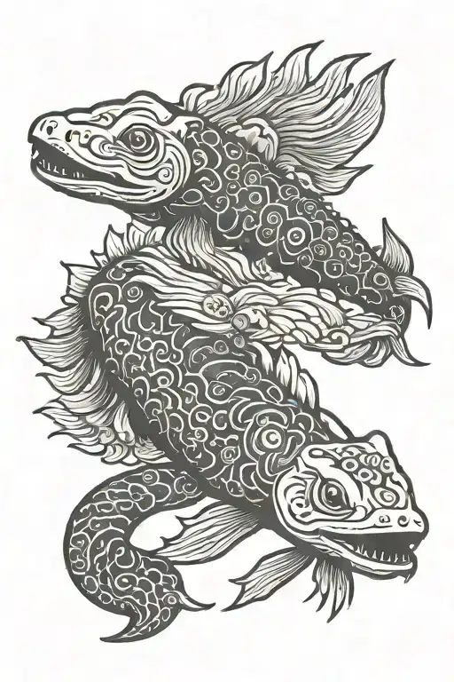Two albino axolotls, one with Quetzalcoatl motifs and the other with Tlaloc motifs, among typical Mexican ornaments tattoo design idea