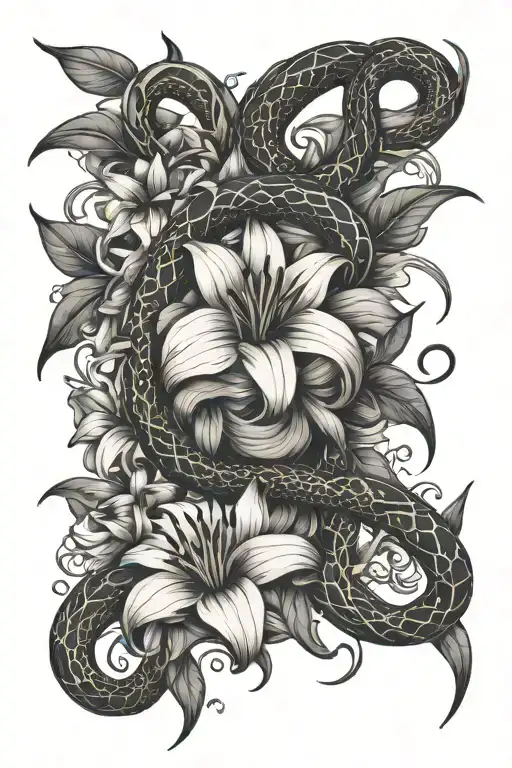 snake intertwined in tiger lilies and sunflowers  tattoo design idea