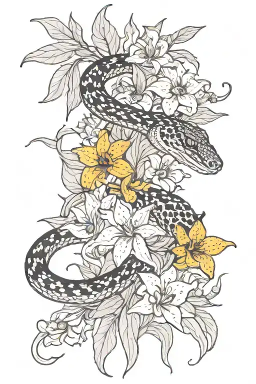 snake with tiger lily flowers and sunflowers tattoo design idea