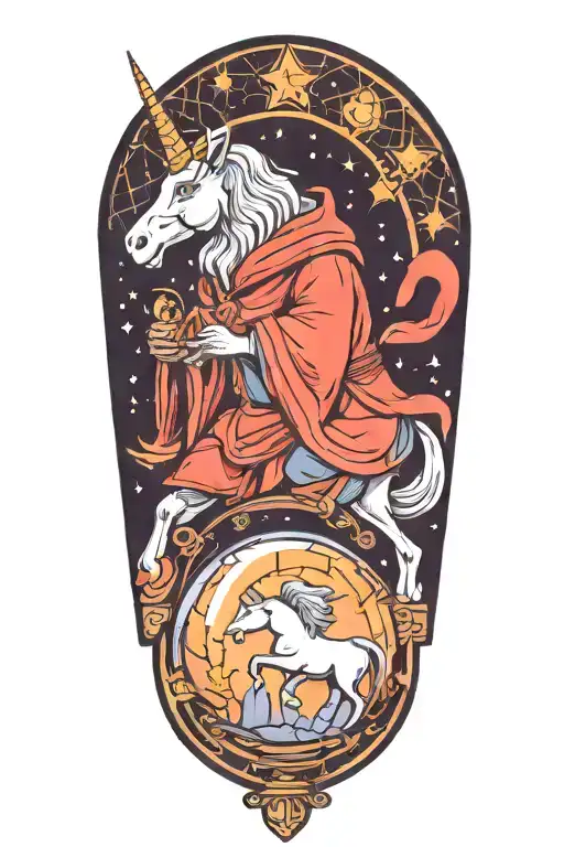 wizard and crystal ball with unicorn tattoo design idea