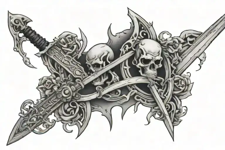 gemini sign tattoo with underworld ruin and sword tattoo design idea