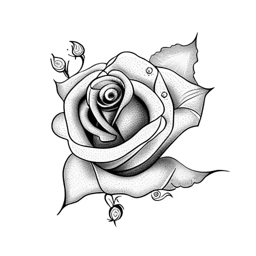 A dotwork tattoo of a rose with the words 'Valentin' incorporated into the petals tattoo design idea