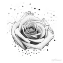 A dotwork tattoo of a rose with the words 'Valentin' incorporated into the petals tattoo design idea