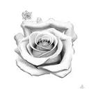 A dotwork tattoo of a rose with the words 'Valentin' incorporated into the petals tattoo design idea