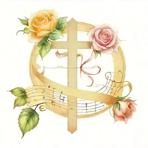 cross with rose and sheet music note wraped around  tattoo design idea