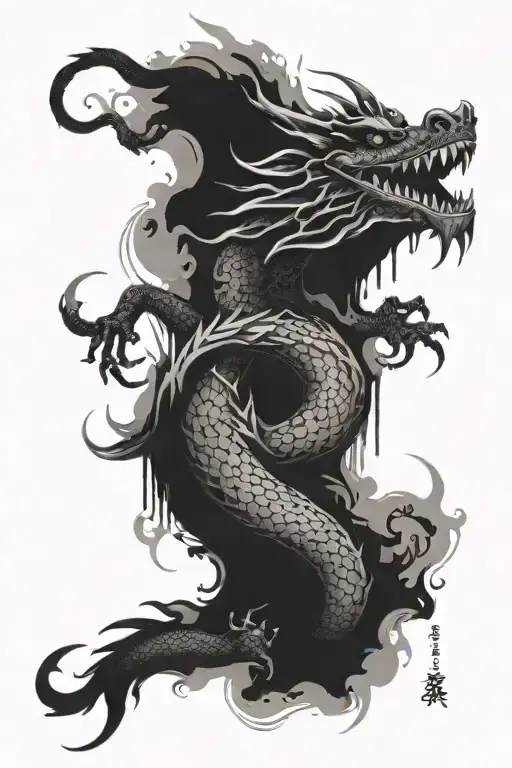 ink-style smokey chinese dragon forearm tattoo, monochrome black and white, stylistic tattoo design idea
